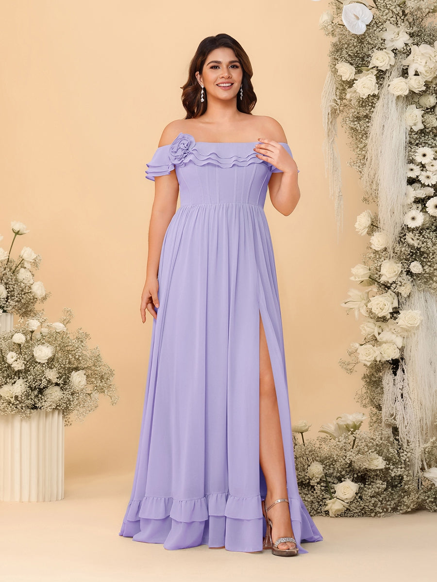 Chiffon A-Line/Princess Off-the-Shoulder Short Sleeves Plus Size Bridesmaid Dresses with Side Slit - 画像 (38)