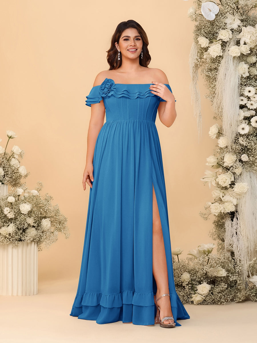 Chiffon A-Line/Princess Off-the-Shoulder Short Sleeves Plus Size Bridesmaid Dresses with Side Slit - 画像 (45)
