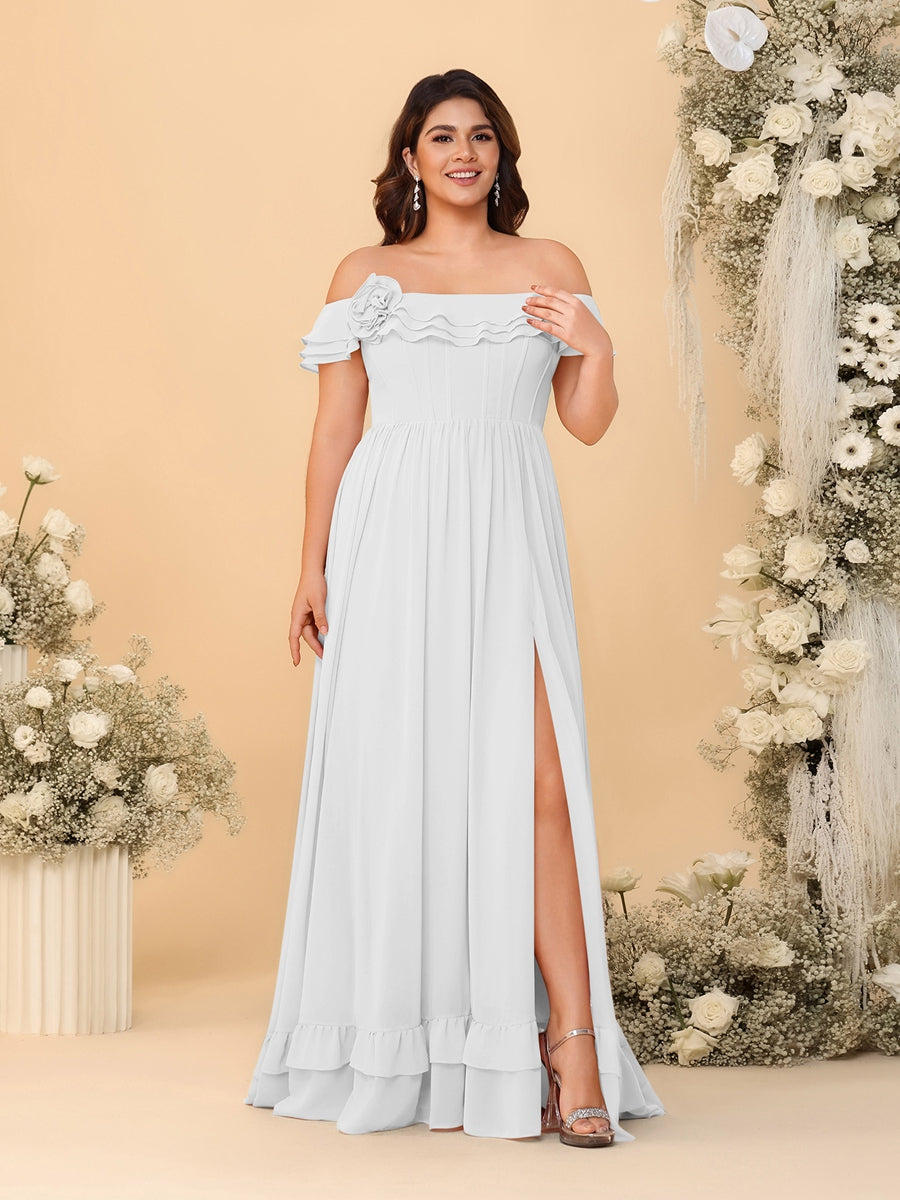 Chiffon A-Line/Princess Off-the-Shoulder Short Sleeves Plus Size Bridesmaid Dresses with Side Slit - 画像 (46)