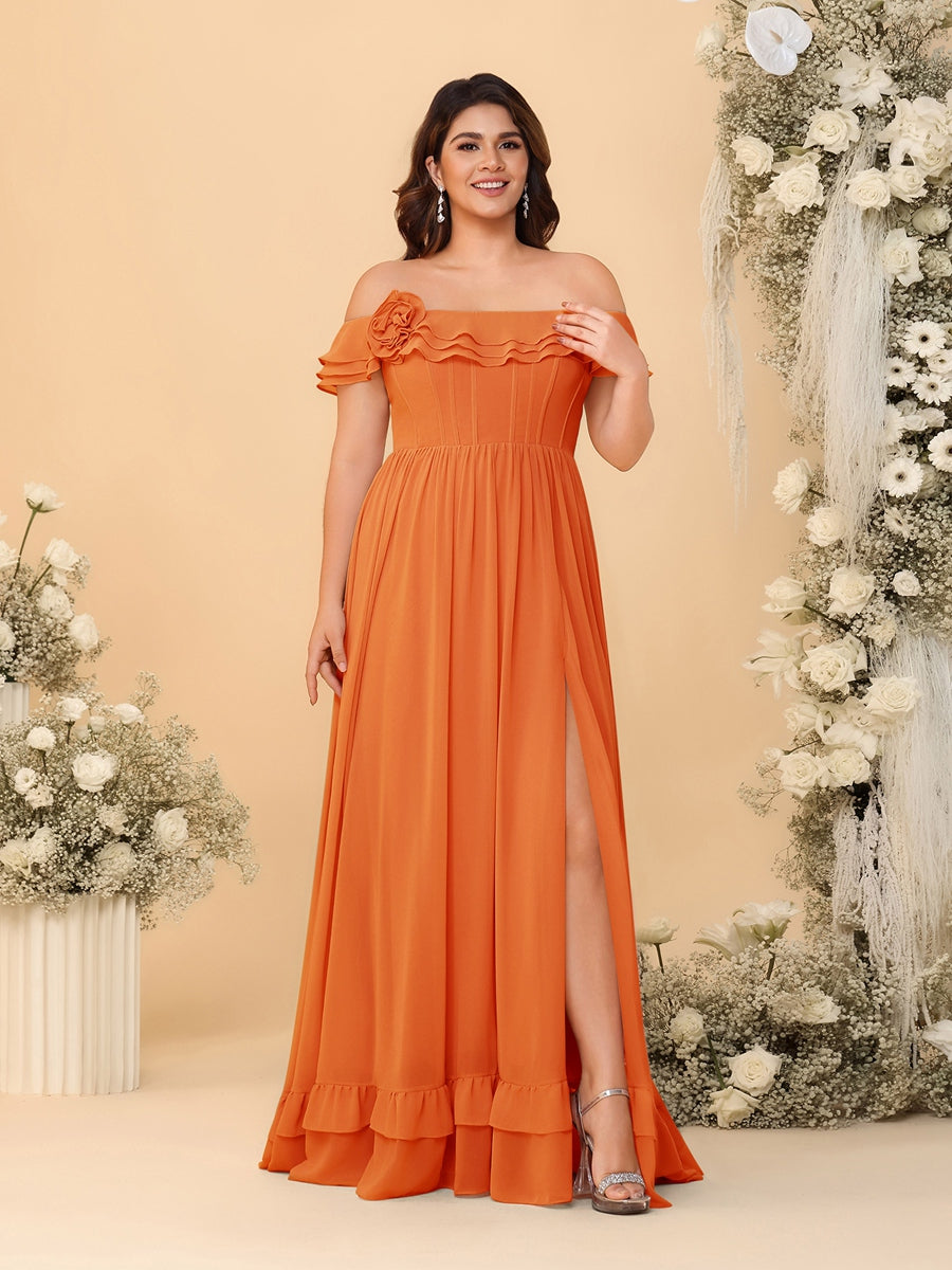Chiffon A-Line/Princess Off-the-Shoulder Short Sleeves Plus Size Bridesmaid Dresses with Side Slit - 画像 (48)