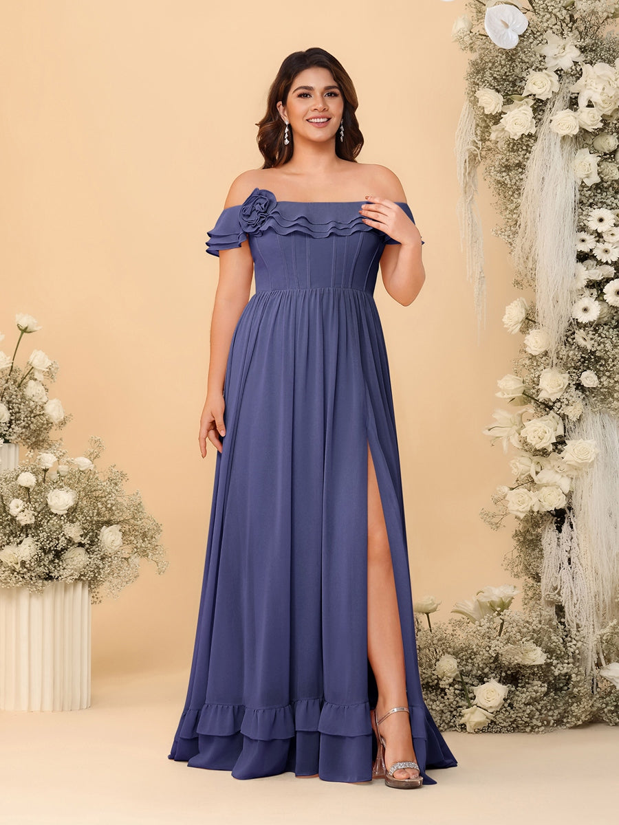 Chiffon A-Line/Princess Off-the-Shoulder Short Sleeves Plus Size Bridesmaid Dresses with Side Slit - 画像 (66)