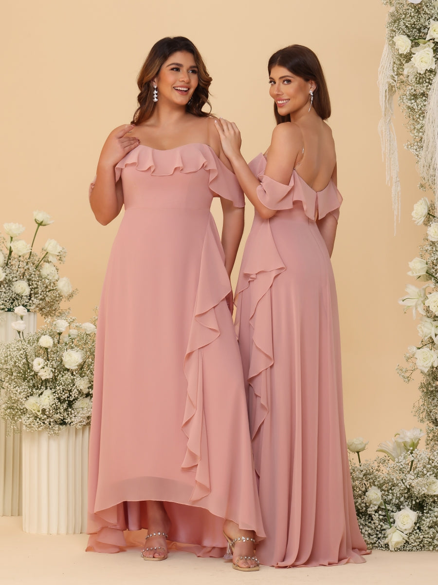 A-Line/Princess Off-the-Shoulder Spaghetti Straps Sleeveless Bridesmaid Dresses with Ruffles - Image 2