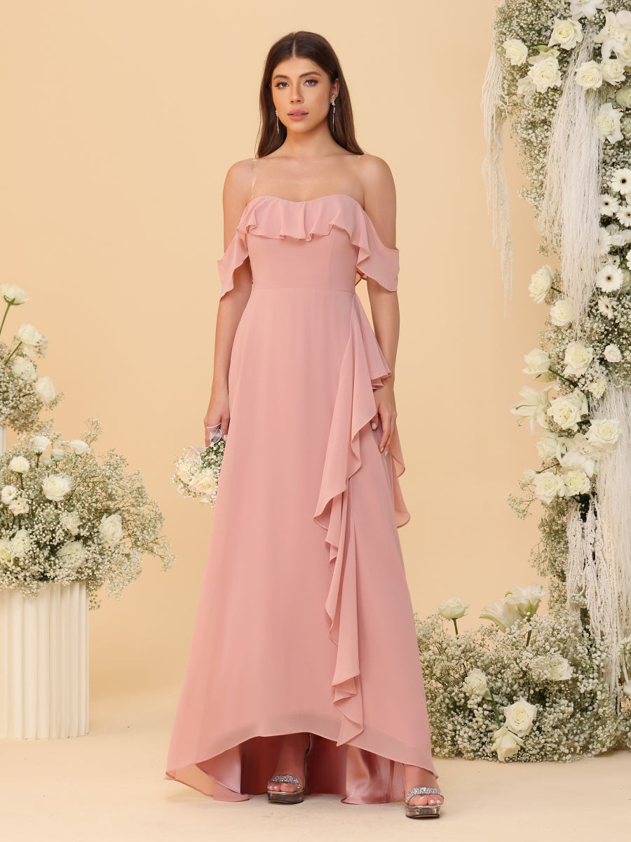 A-Line/Princess Off-the-Shoulder Spaghetti Straps Sleeveless Bridesmaid Dresses with Ruffles - Image 5