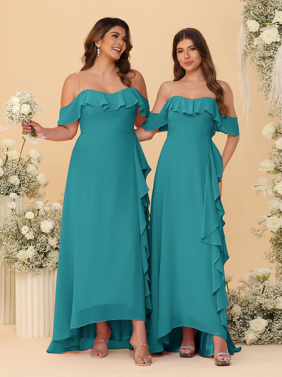 A-Line/Princess Off-the-Shoulder Spaghetti Straps Sleeveless Bridesmaid Dresses with Ruffles - Image 6