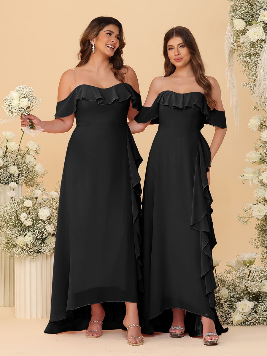 A-Line/Princess Off-the-Shoulder Spaghetti Straps Sleeveless Bridesmaid Dresses with Ruffles - Image 7
