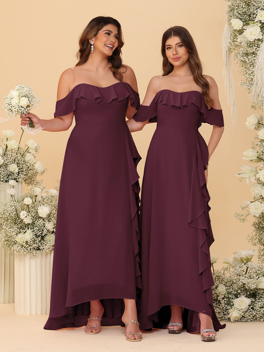 A-Line/Princess Off-the-Shoulder Spaghetti Straps Sleeveless Bridesmaid Dresses with Ruffles - Image 10