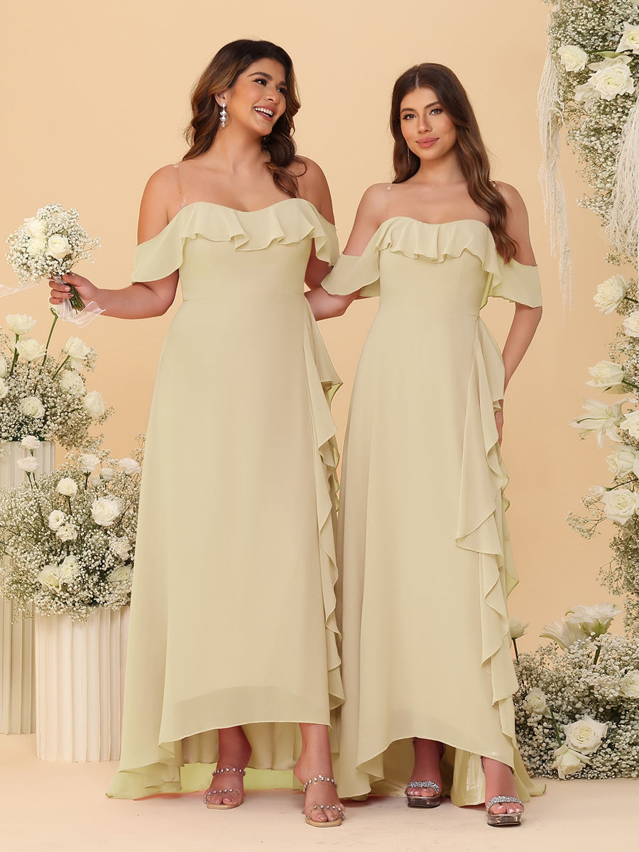 A-Line/Princess Off-the-Shoulder Spaghetti Straps Sleeveless Bridesmaid Dresses with Ruffles - Image 13