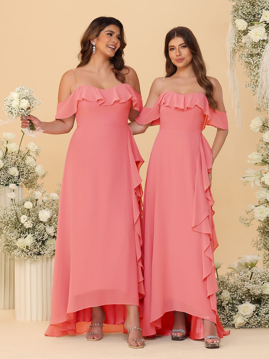 A-Line/Princess Off-the-Shoulder Spaghetti Straps Sleeveless Bridesmaid Dresses with Ruffles - Image 14