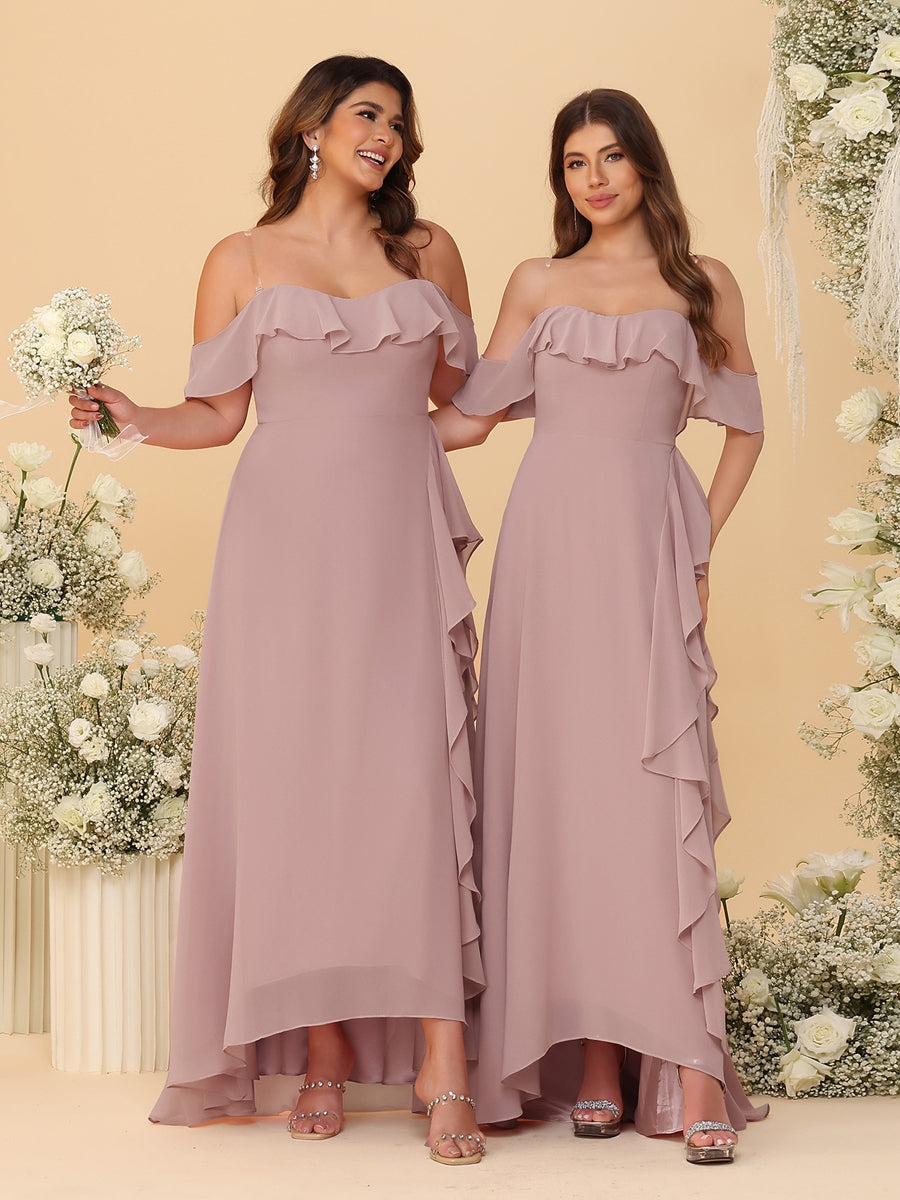 A-Line/Princess Off-the-Shoulder Spaghetti Straps Sleeveless Bridesmaid Dresses with Ruffles - Image 18