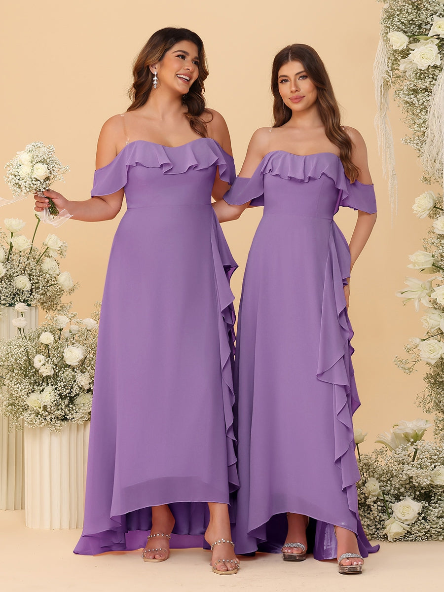 A-Line/Princess Off-the-Shoulder Spaghetti Straps Sleeveless Bridesmaid Dresses with Ruffles - Image 19