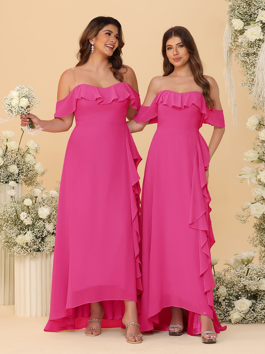 A-Line/Princess Off-the-Shoulder Spaghetti Straps Sleeveless Bridesmaid Dresses with Ruffles - Image 29