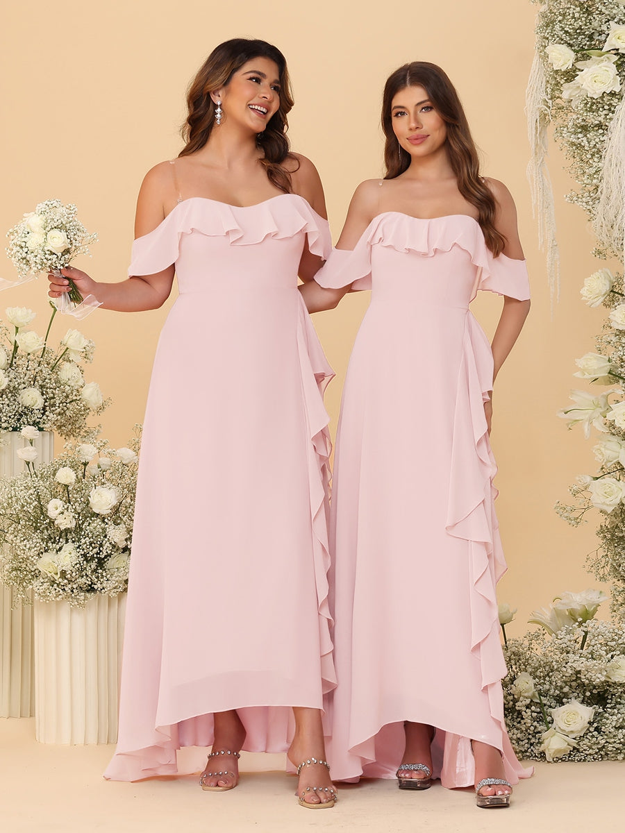 A-Line/Princess Off-the-Shoulder Spaghetti Straps Sleeveless Bridesmaid Dresses with Ruffles - Image 35