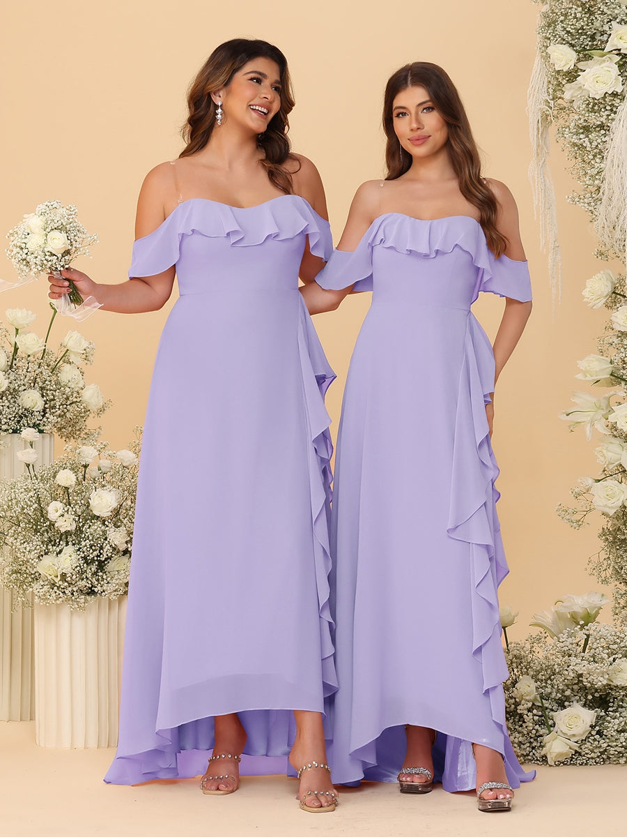 A-Line/Princess Off-the-Shoulder Spaghetti Straps Sleeveless Bridesmaid Dresses with Ruffles - Image 39