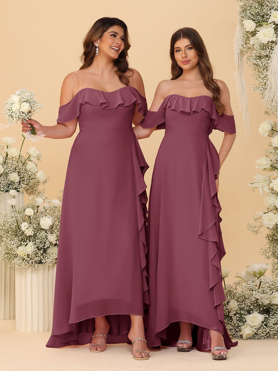 A-Line/Princess Off-the-Shoulder Spaghetti Straps Sleeveless Bridesmaid Dresses with Ruffles - Image 43