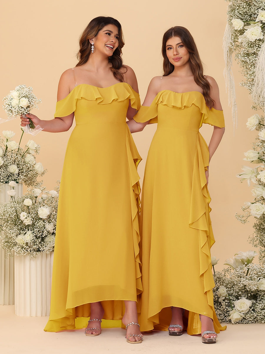 A-Line/Princess Off-the-Shoulder Spaghetti Straps Sleeveless Bridesmaid Dresses with Ruffles - Image 44