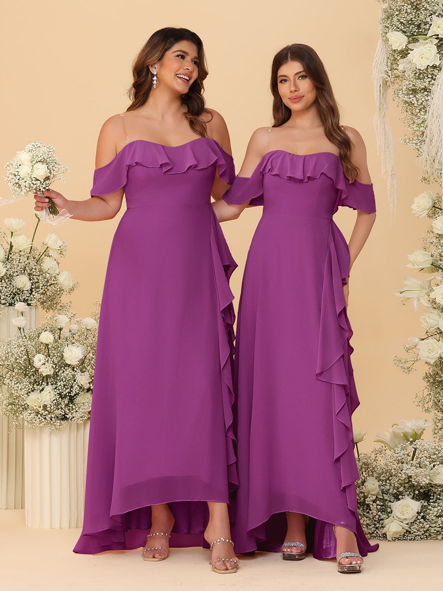 A-Line/Princess Off-the-Shoulder Spaghetti Straps Sleeveless Bridesmaid Dresses with Ruffles - Image 50