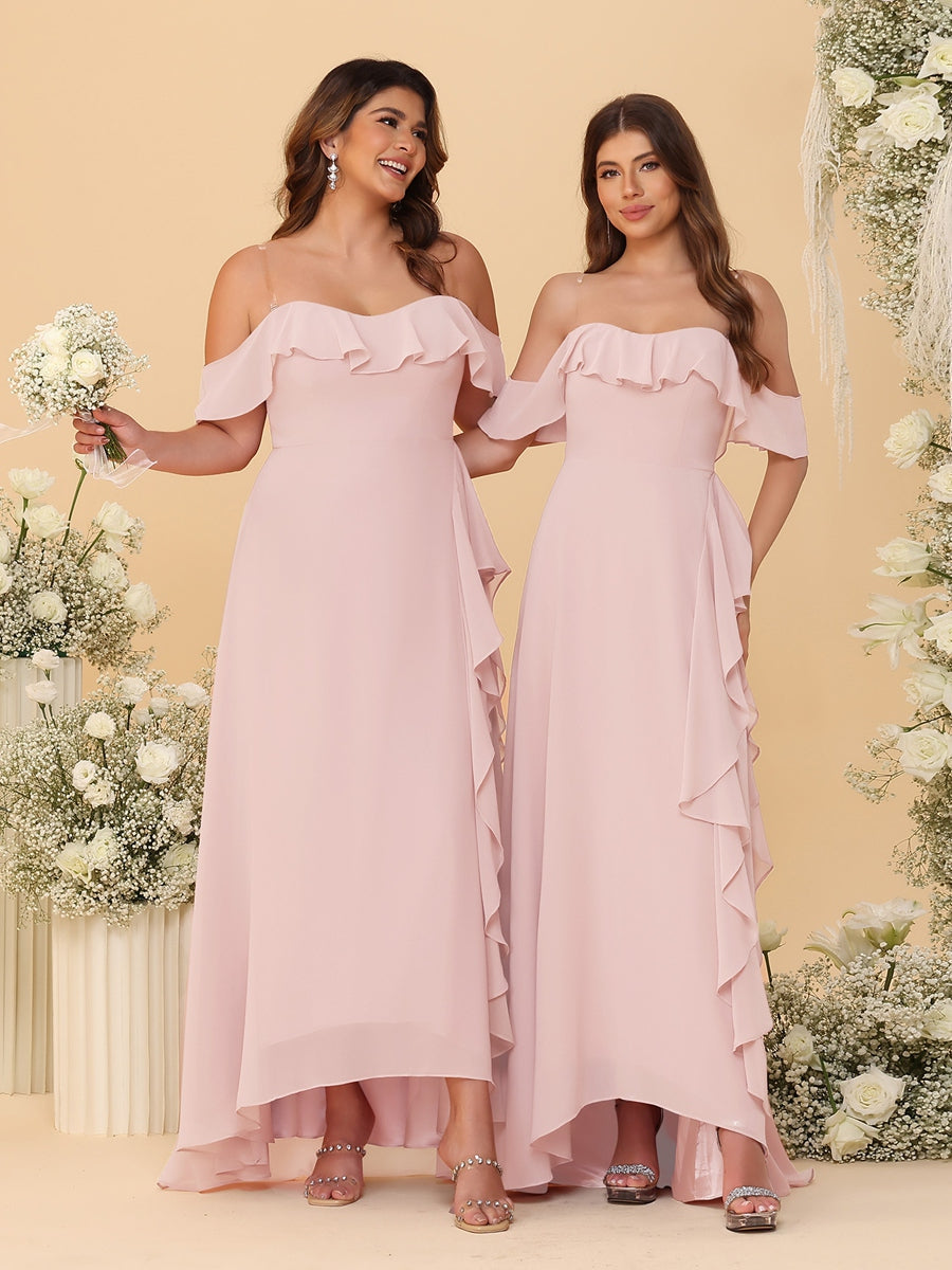 A-Line/Princess Off-the-Shoulder Spaghetti Straps Sleeveless Bridesmaid Dresses with Ruffles - Image 53