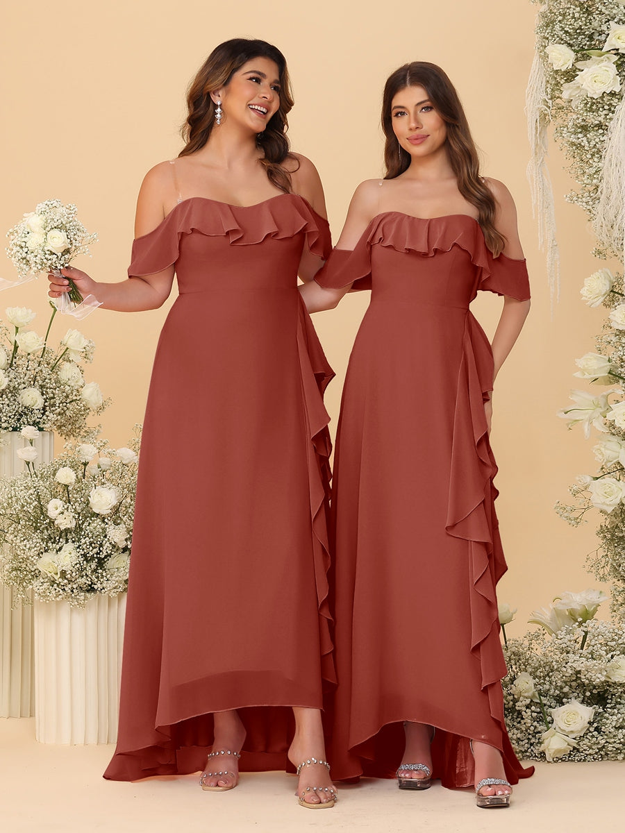 A-Line/Princess Off-the-Shoulder Spaghetti Straps Sleeveless Bridesmaid Dresses with Ruffles - Image 59