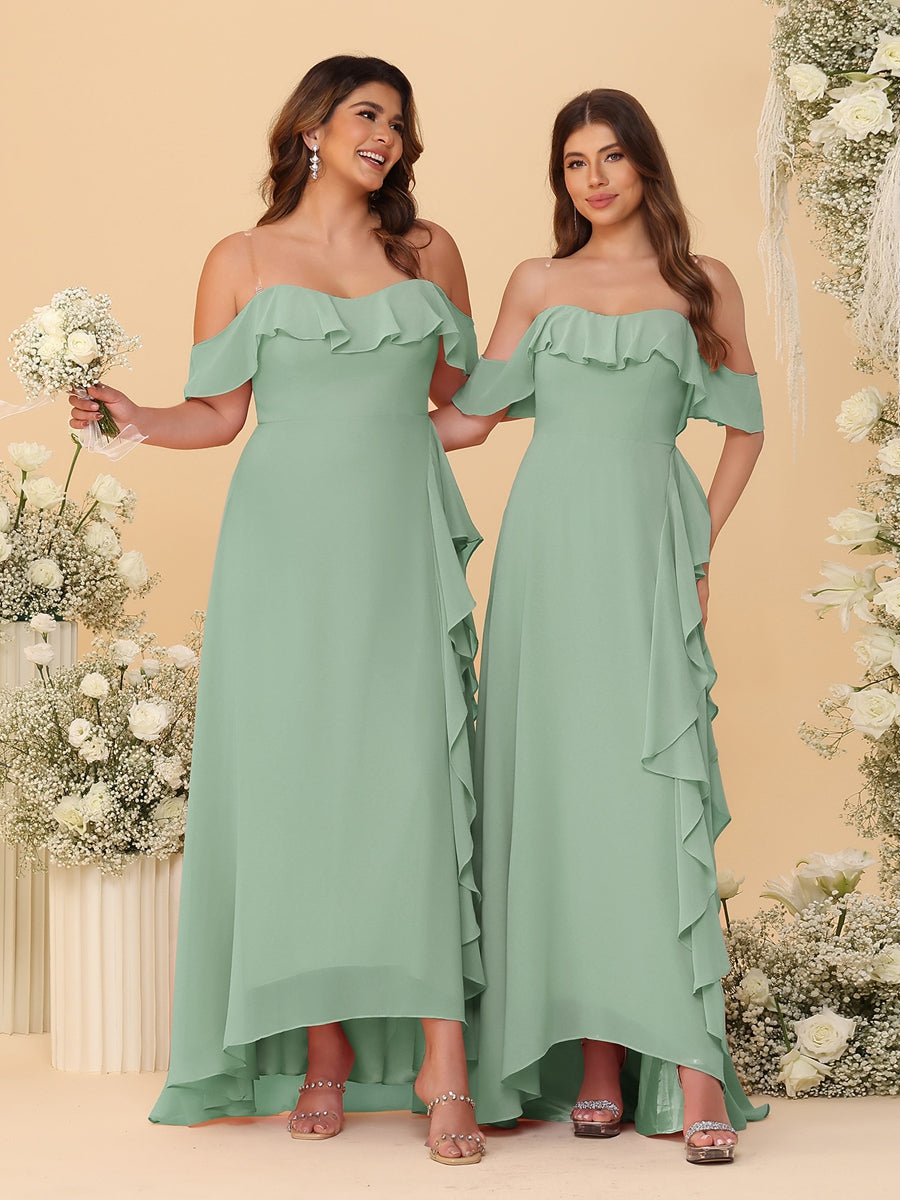 A-Line/Princess Off-the-Shoulder Spaghetti Straps Sleeveless Bridesmaid Dresses with Ruffles - Image 60