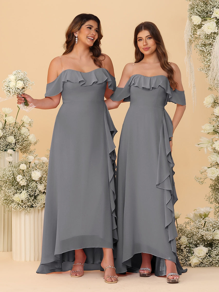 A-Line/Princess Off-the-Shoulder Spaghetti Straps Sleeveless Bridesmaid Dresses with Ruffles - Image 63