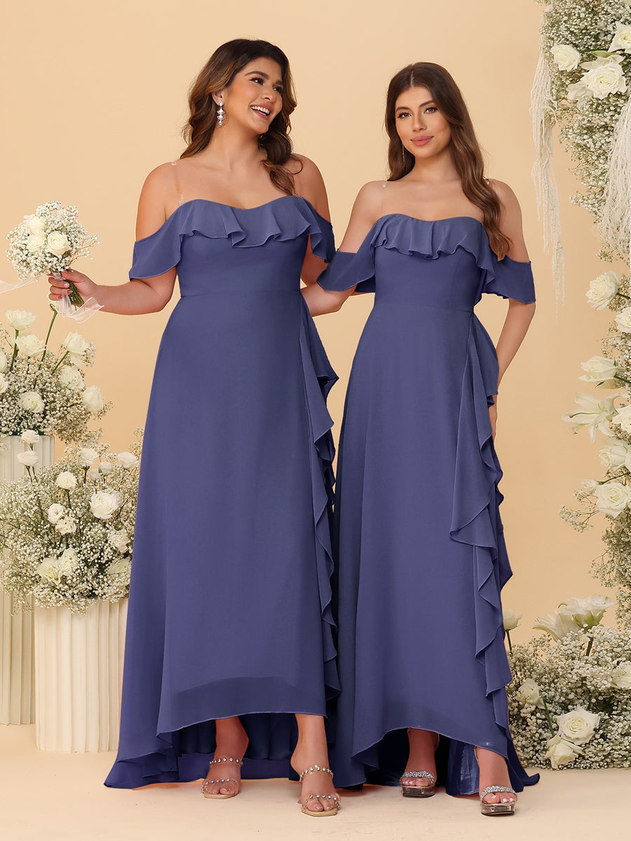 A-Line/Princess Off-the-Shoulder Spaghetti Straps Sleeveless Bridesmaid Dresses with Ruffles - Image 67
