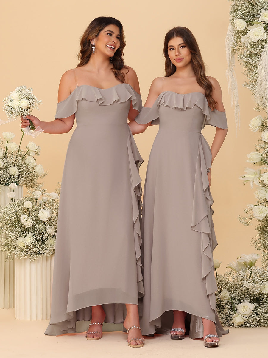 A-Line/Princess Off-the-Shoulder Spaghetti Straps Sleeveless Bridesmaid Dresses with Ruffles - Image 68