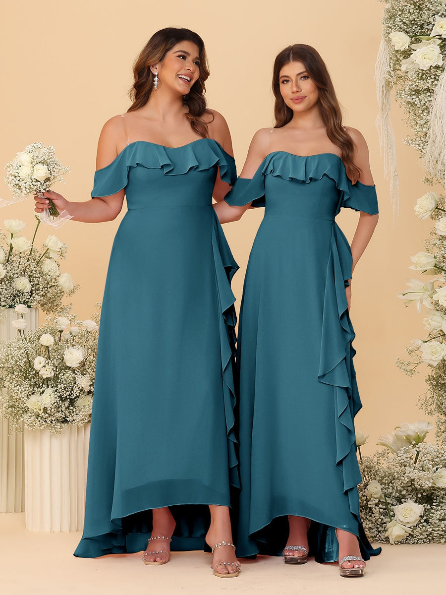 A-Line/Princess Off-the-Shoulder Spaghetti Straps Sleeveless Bridesmaid Dresses with Ruffles - Image 69