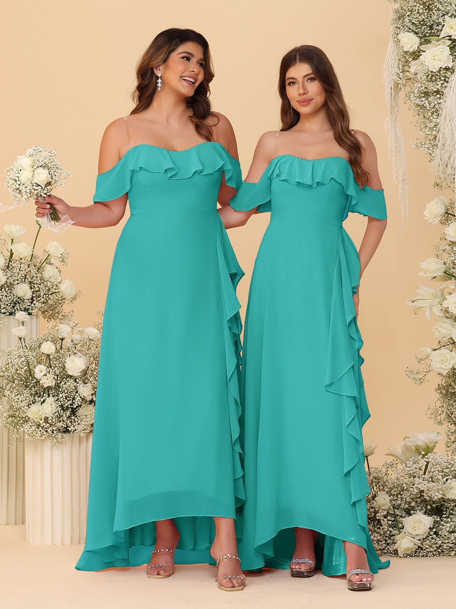 A-Line/Princess Off-the-Shoulder Spaghetti Straps Sleeveless Bridesmaid Dresses with Ruffles - Image 70