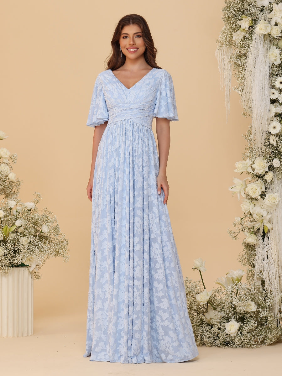 A-Line/Princess V-Neck Short Sleeves Long Bridesmaid Dresses - 画像 (3)