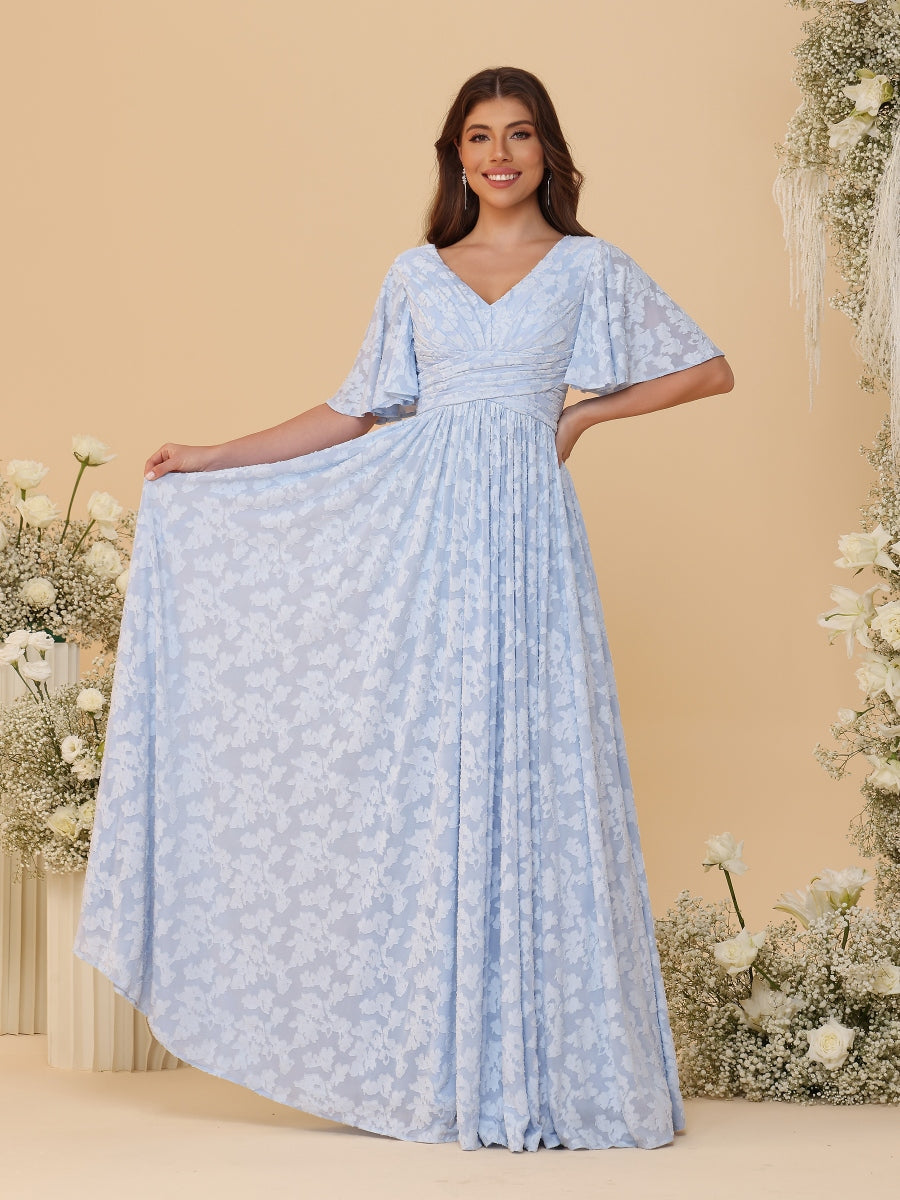 A-Line/Princess V-Neck Short Sleeves Long Bridesmaid Dresses - 画像 (5)