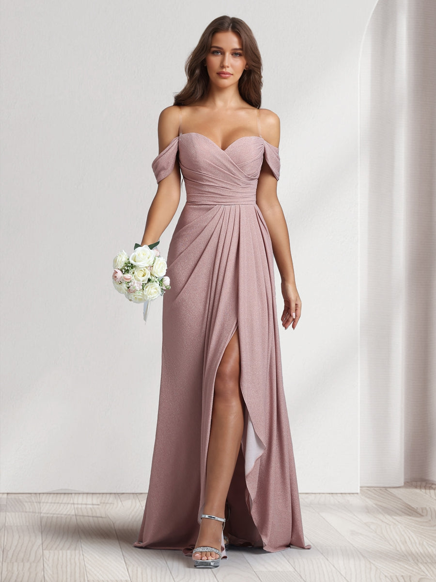 A-Line/Princess Off-the-Shoulder Floor-Length Ruched Bridesmaid Dresses With Ruffles & Split Side - Image 3