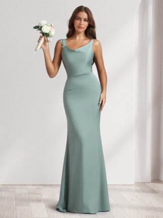 Sheath/Column Cowl Neck Floor-Length Bridesmaid Dresses with Beadings