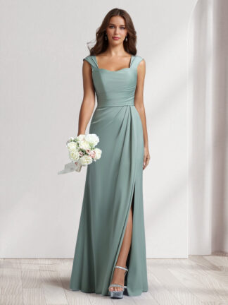 Sheath/Column Square Neck Long Ruched Bridesmaid Dresses with Split Side
