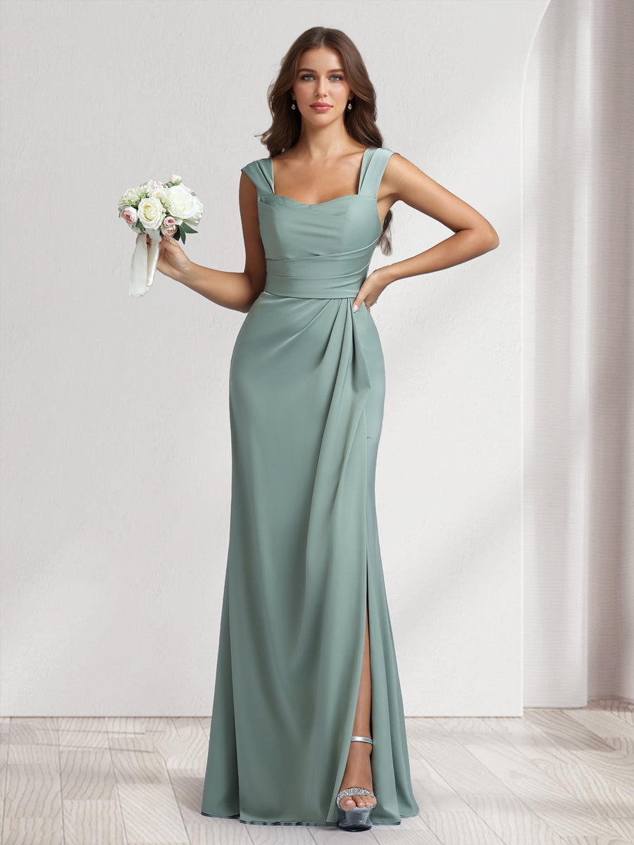 Sheath/Column Square Neck Long Ruched Bridesmaid Dresses with Split Side - 이미지 3