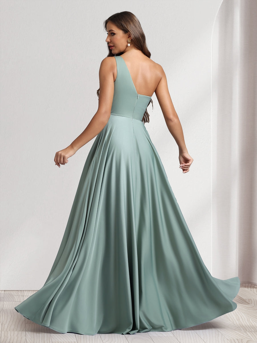 A-Line/Princess One-Shoulder Floor-Length Bridesmaid Dresses With Pockets - Image 2