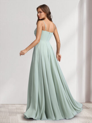 A-Line/Princess Spaghetti Straps Sleeveless Floor-Length Ruched Bridesmaid Dresses With Split Side
