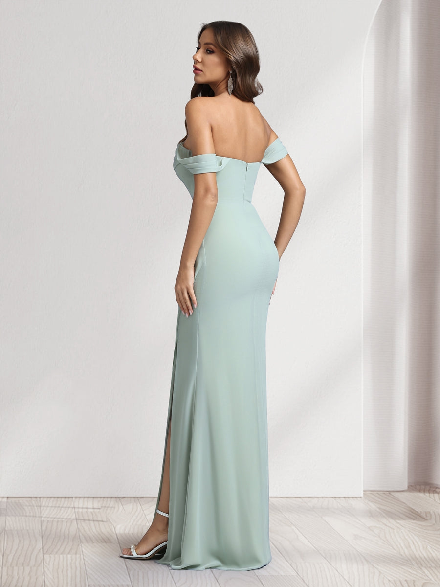 Sheath/Column Off-the-Shoulder Long Bridesmaid Dresses with Split Side - 画像 (2)