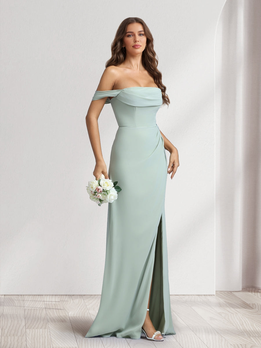 Sheath/Column Off-the-Shoulder Long Bridesmaid Dresses with Split Side - 画像 (4)