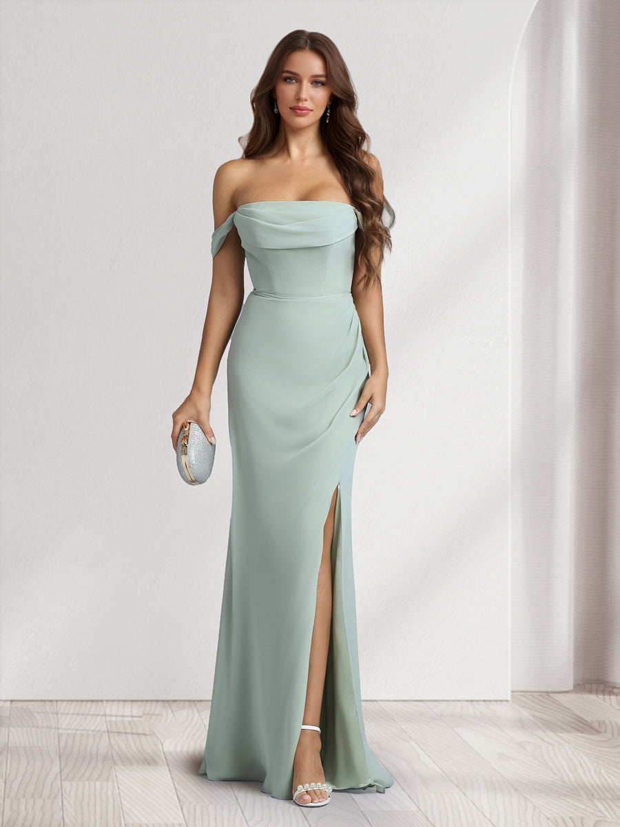 Sheath/Column Off-the-Shoulder Long Bridesmaid Dresses with Split Side - 画像 (5)
