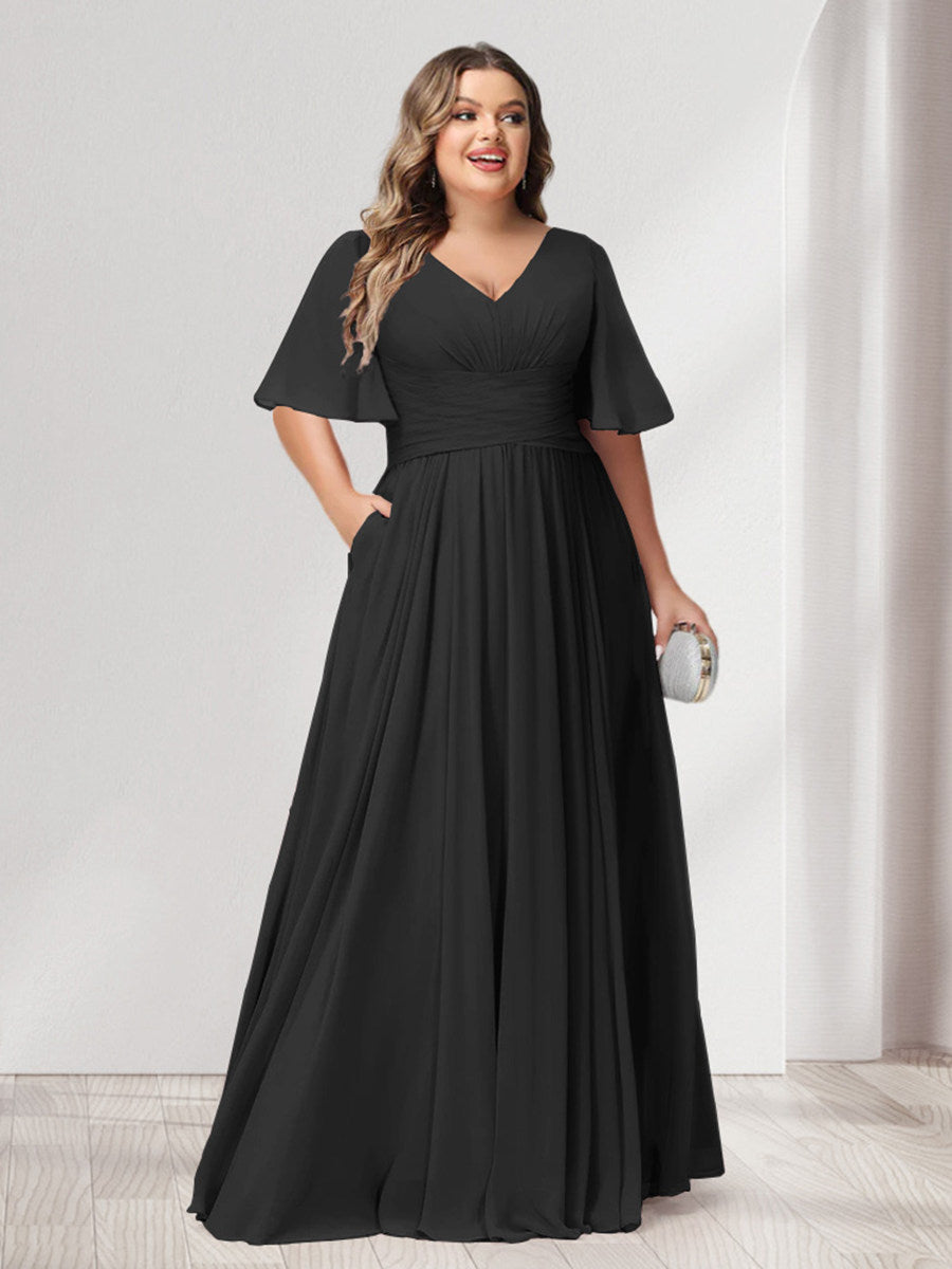 A-Line/Princess V-Neck Half Sleeves Chiffon Plus Size Bridesmaid Dresses with Pockets - Image 14