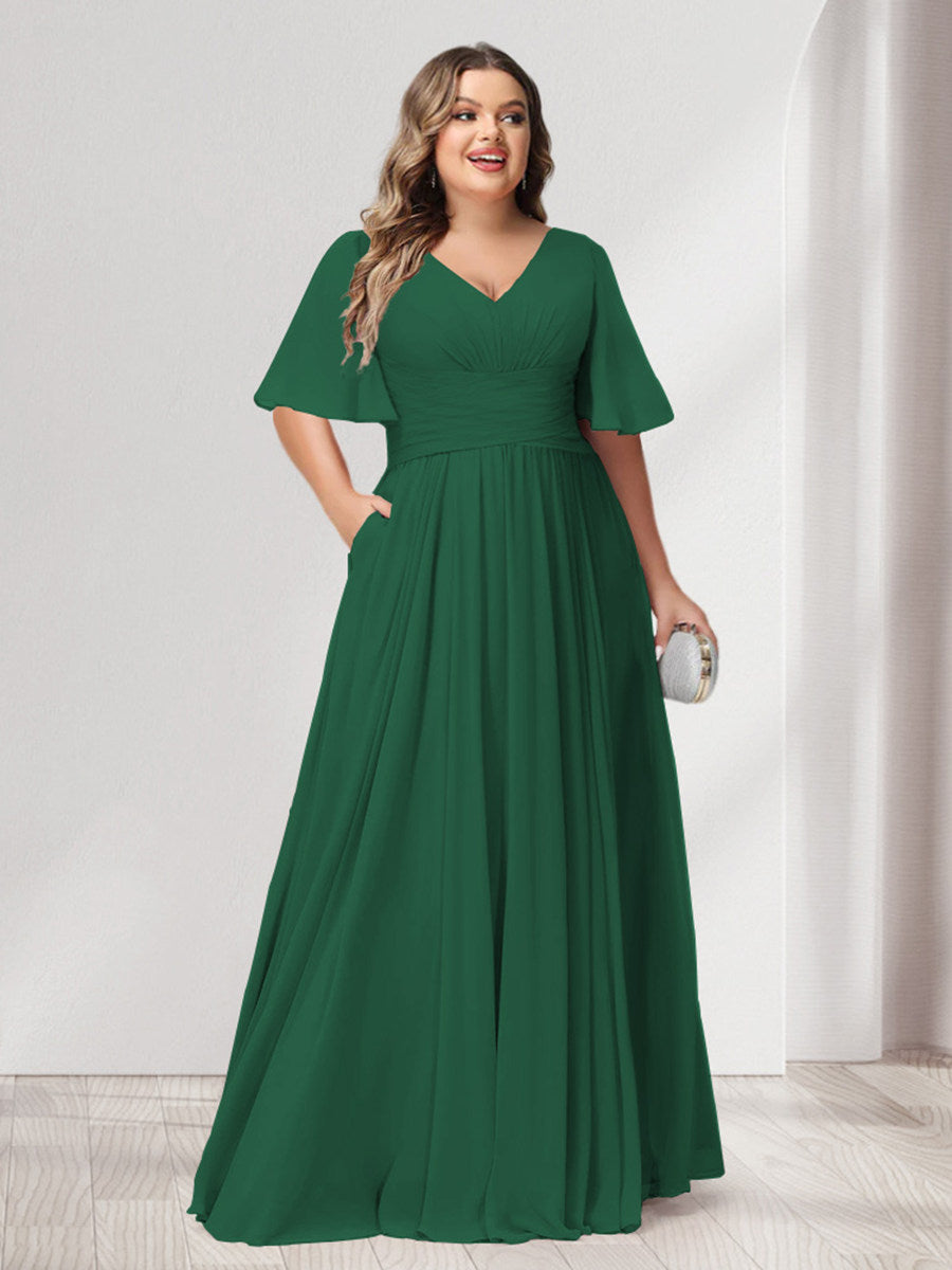 A-Line/Princess V-Neck Half Sleeves Chiffon Plus Size Bridesmaid Dresses with Pockets - Image 7
