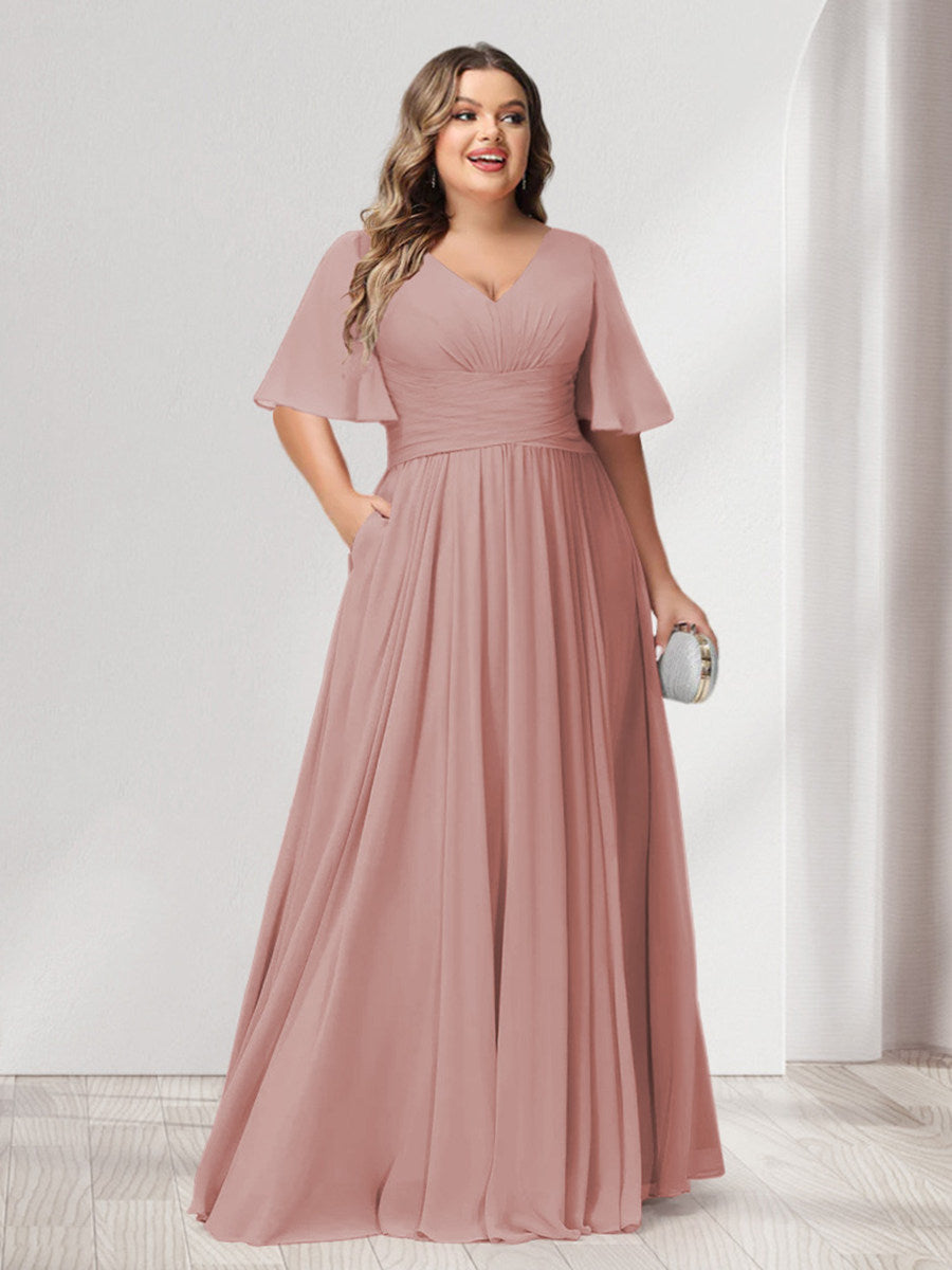 A-Line/Princess V-Neck Half Sleeves Chiffon Plus Size Bridesmaid Dresses with Pockets - Image 3