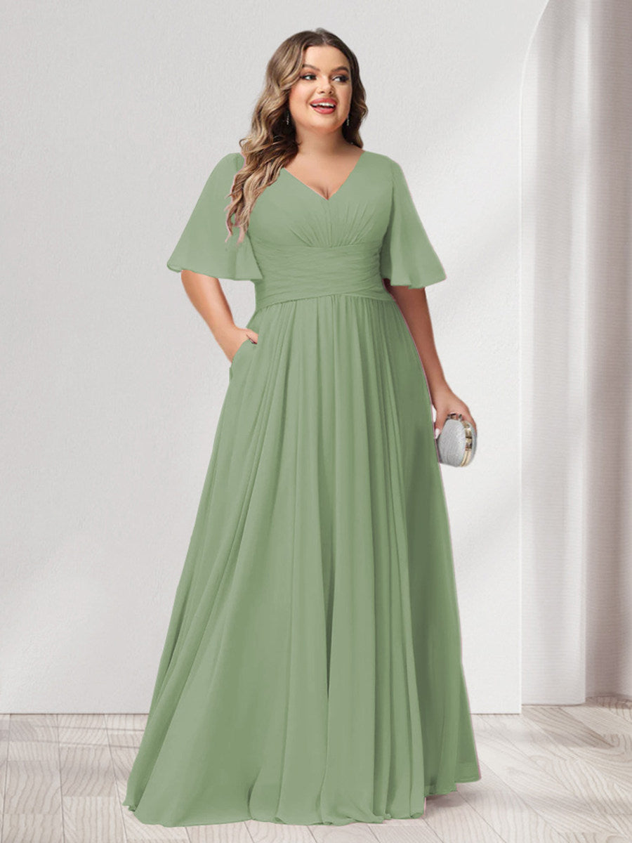 A-Line/Princess V-Neck Half Sleeves Chiffon Plus Size Bridesmaid Dresses with Pockets - Image 12