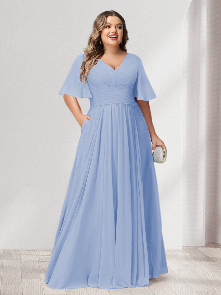 A-Line/Princess V-Neck Half Sleeves Chiffon Plus Size Bridesmaid Dresses with Pockets - Image 44