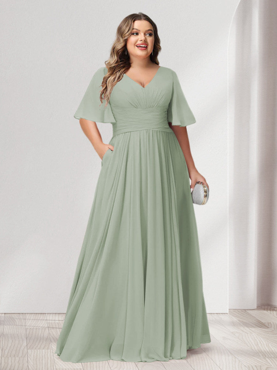 A-Line/Princess V-Neck Half Sleeves Chiffon Plus Size Bridesmaid Dresses with Pockets - Image 6