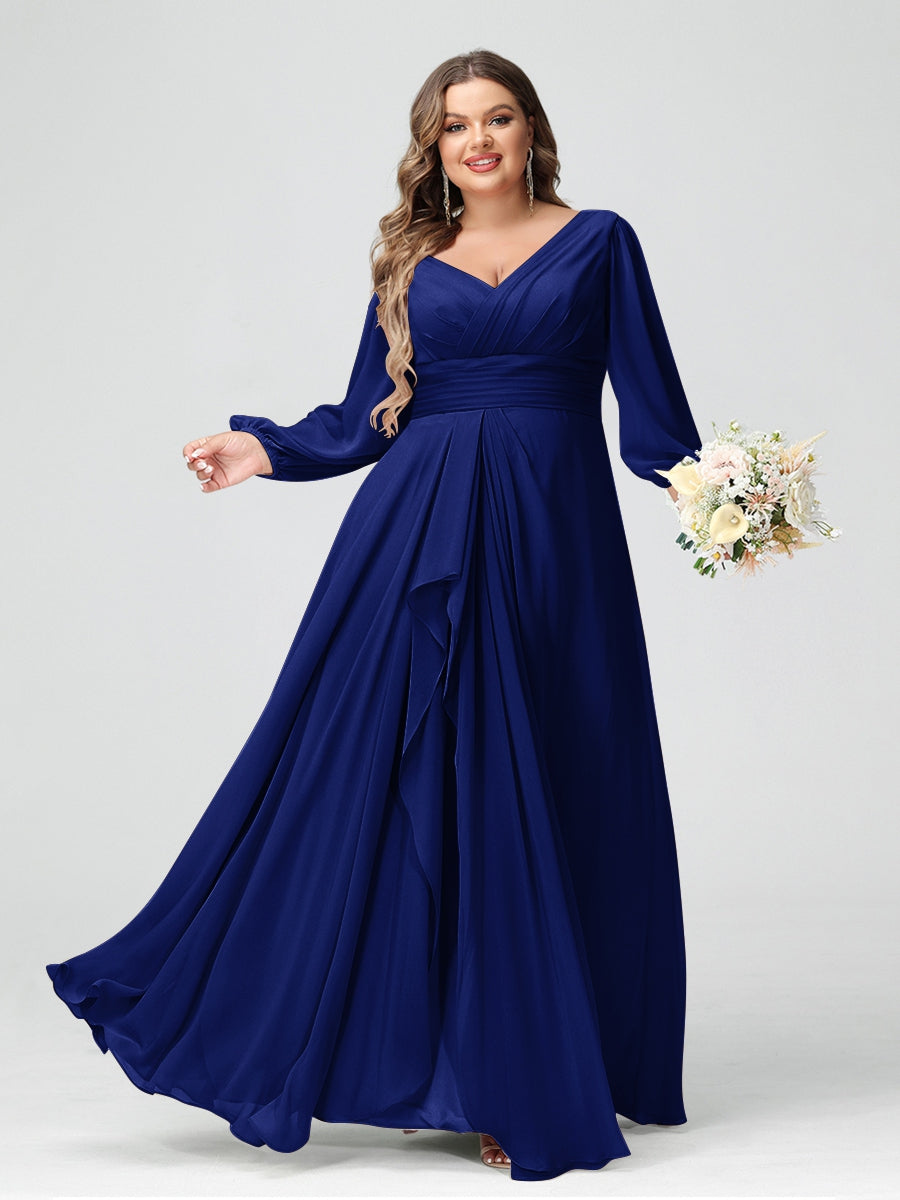 A-Line/Princess V-Neck Long Sleeves Chiffon Ruffles Plus Size Bridesmaid Dresses with Pockets - 이미지 51