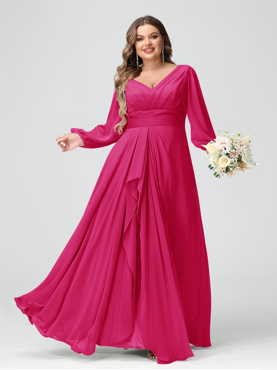 A-Line/Princess V-Neck Long Sleeves Chiffon Ruffles Plus Size Bridesmaid Dresses with Pockets - 이미지 28