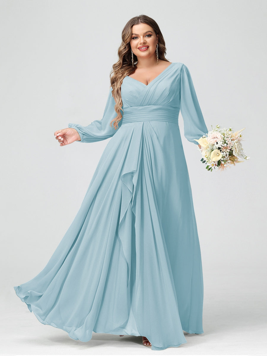 A-Line/Princess V-Neck Long Sleeves Chiffon Ruffles Plus Size Bridesmaid Dresses with Pockets - 이미지 42