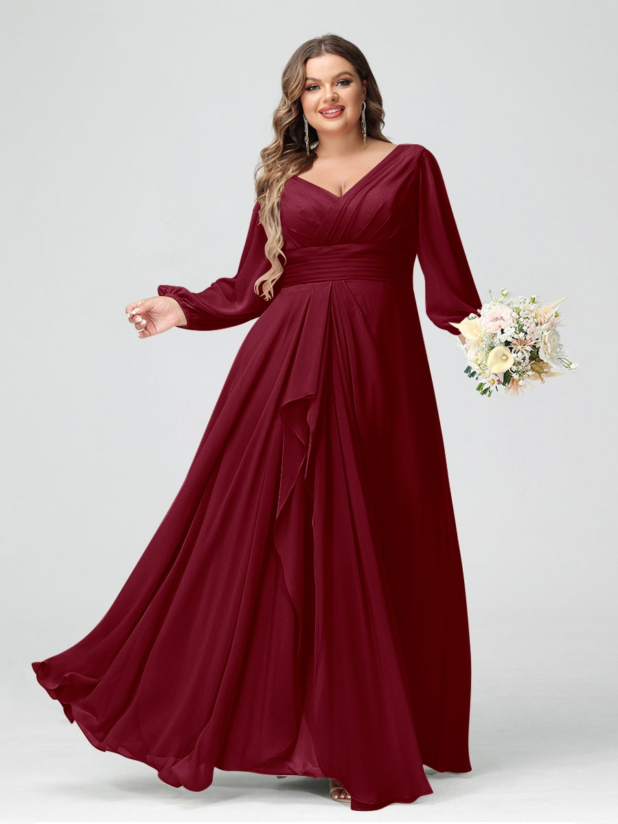 A-Line/Princess V-Neck Long Sleeves Chiffon Ruffles Plus Size Bridesmaid Dresses with Pockets - 이미지 33