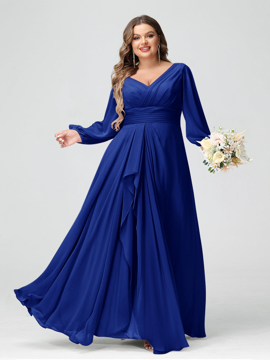 A-Line/Princess V-Neck Long Sleeves Chiffon Ruffles Plus Size Bridesmaid Dresses with Pockets - 이미지 49